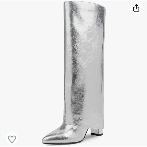 Silver metallic foldover knee high boots - Picture 2 of 8